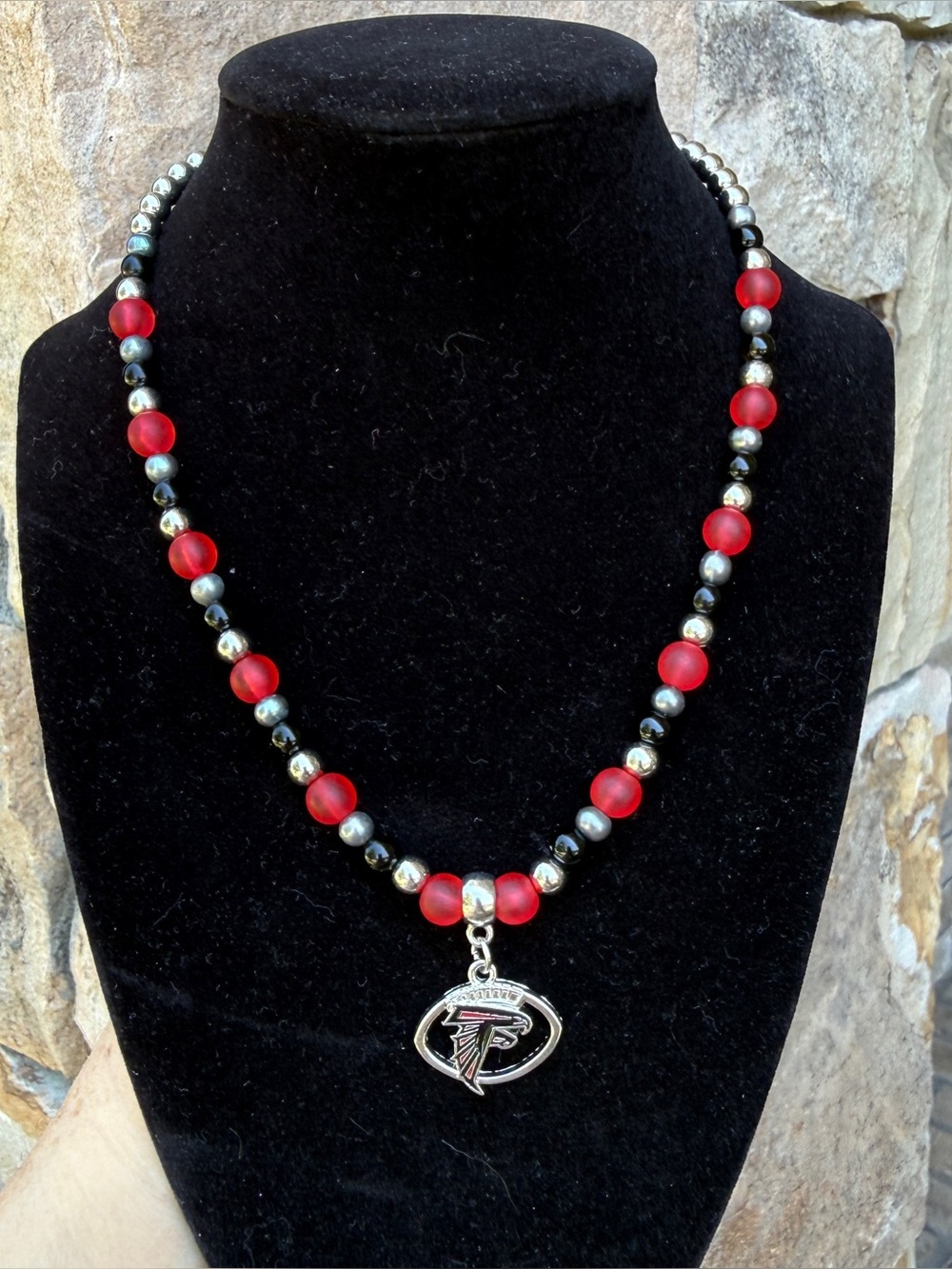 Atlanta Falcons Beaded Necklace with Charm red black gray silver handmade